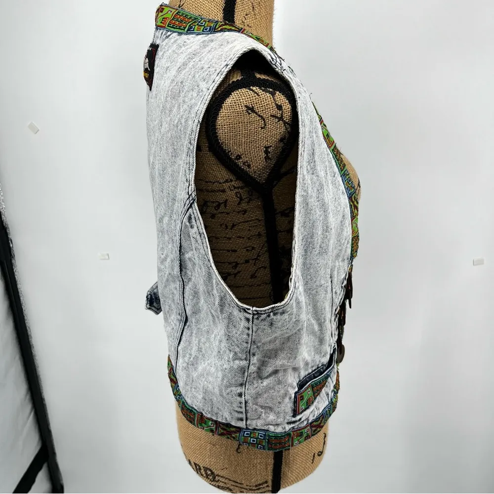 Vintage‎ Acid Wash Native Denim Vest Waistcoat Unique Artsy Eclectic 80s Medium - Image 5