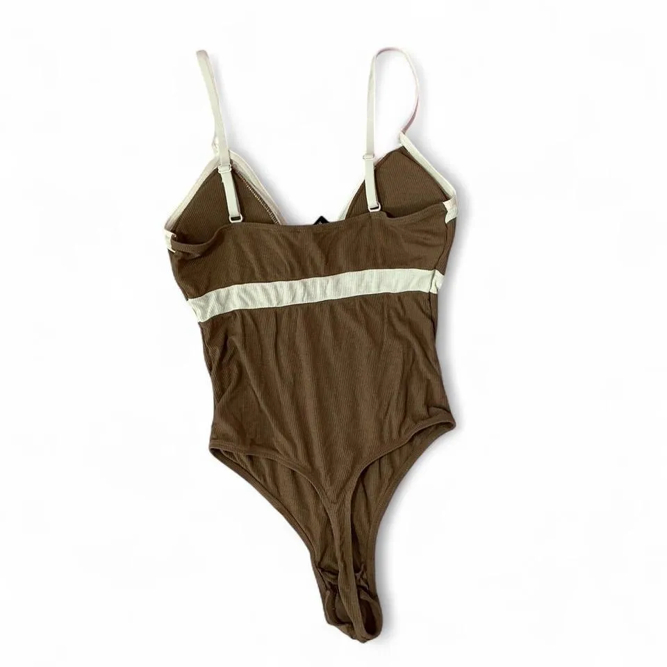 Steve‎ Madden Brown Ribbed Plunge Bodysuit Sleeveless One Piece Swimsuit - Image 2