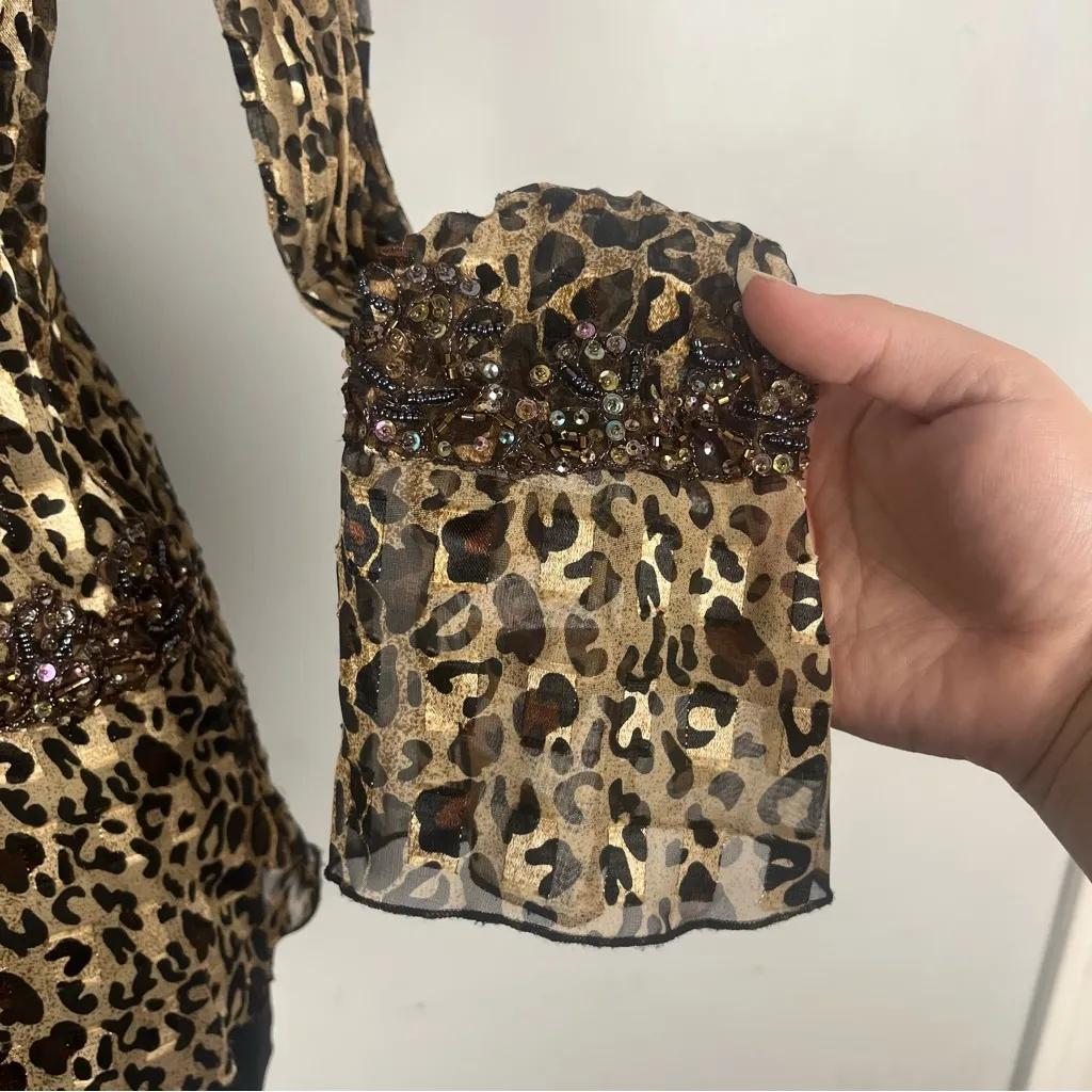 Vintage Y2K Mary L Couture animal print beaded button down ruffle top size small Brown - Image 3
