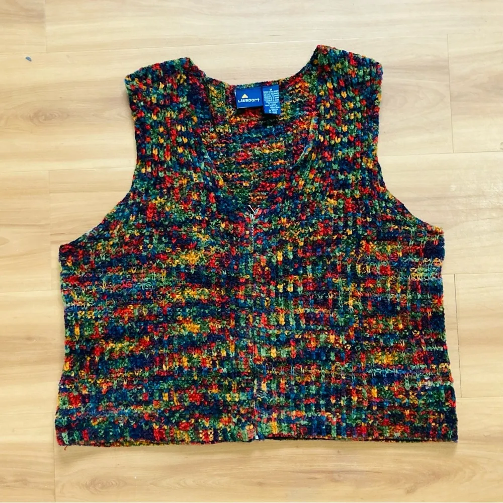 Liz Claiborne Vintage  Bohemian Knit Dark Rainbow Sweater Yarn Soft Retro Vest M - Image 2