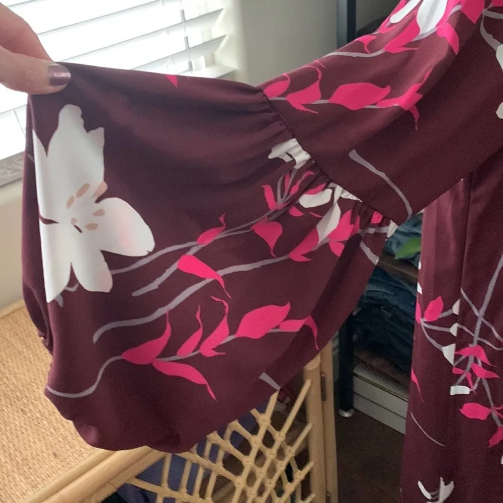 Prologue  The Raglan Maroon Boho Floral High Neck 3/4 Sleeve Midi Dress - Small - Image 4