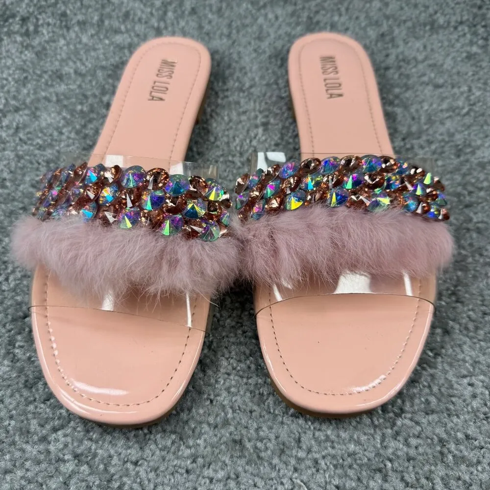 Faux Fur & Rhinestone Embellished Pink Slide Sandals Miss Lola Size 9 Slip On - Image 7