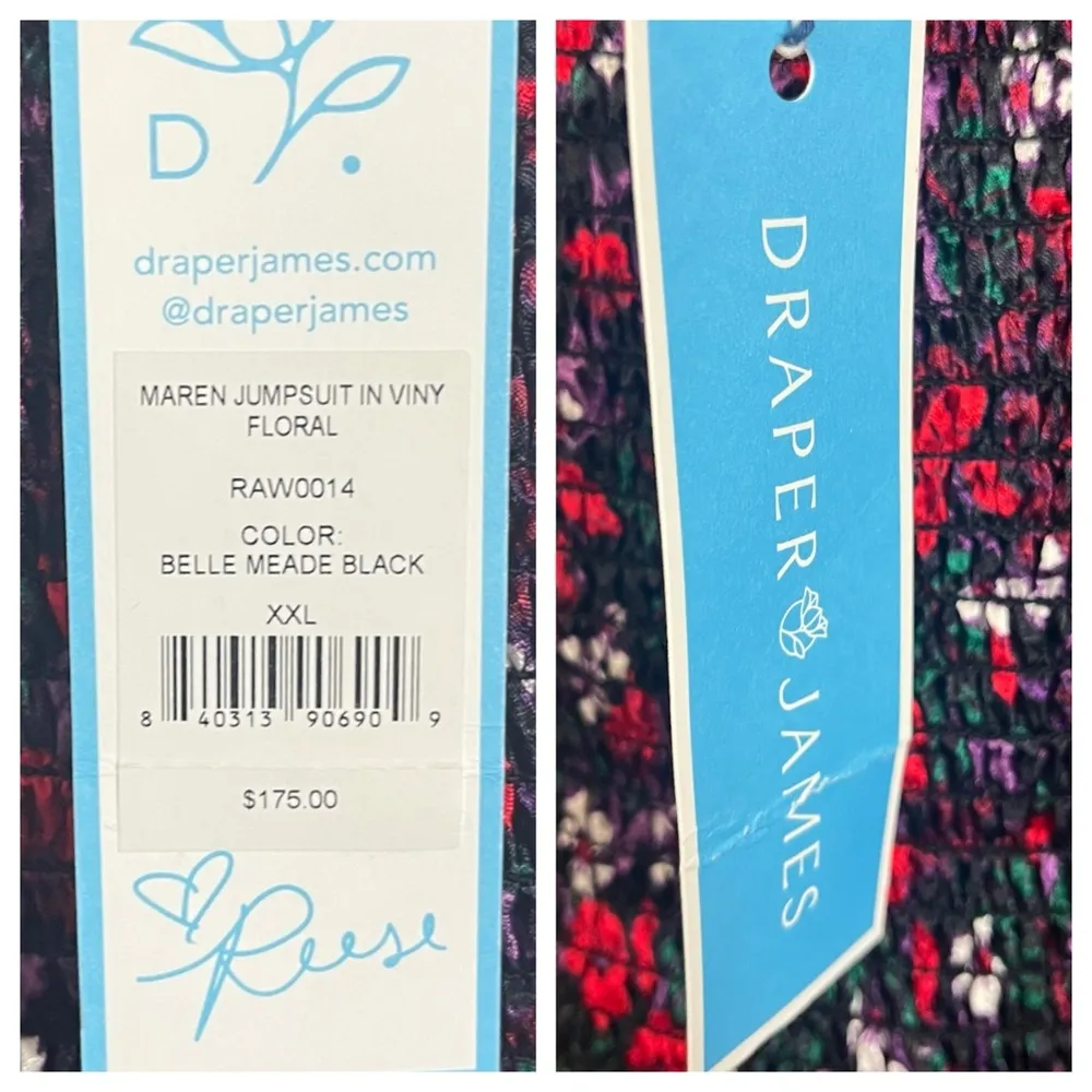 Draper James New Jumpsuit Smocked Square Neck Black Red Floral Women’s Size XXL - Image 13