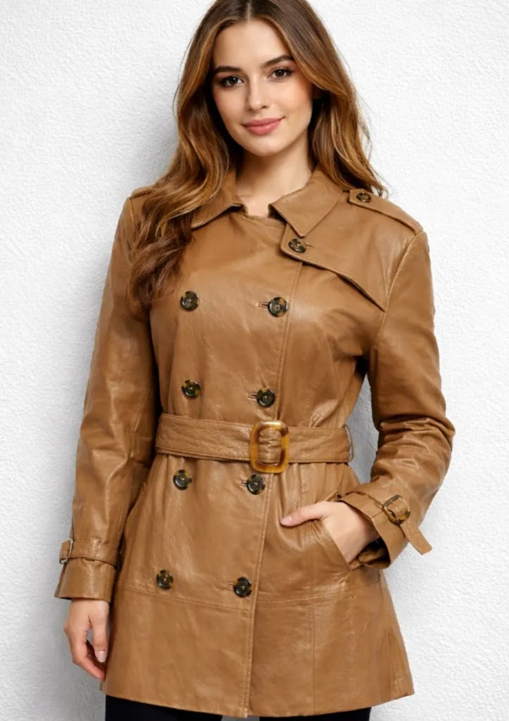 Vintage Jerry Lewis Women's Leather Coat Medium Brown Belted Double Breasted - Image 1