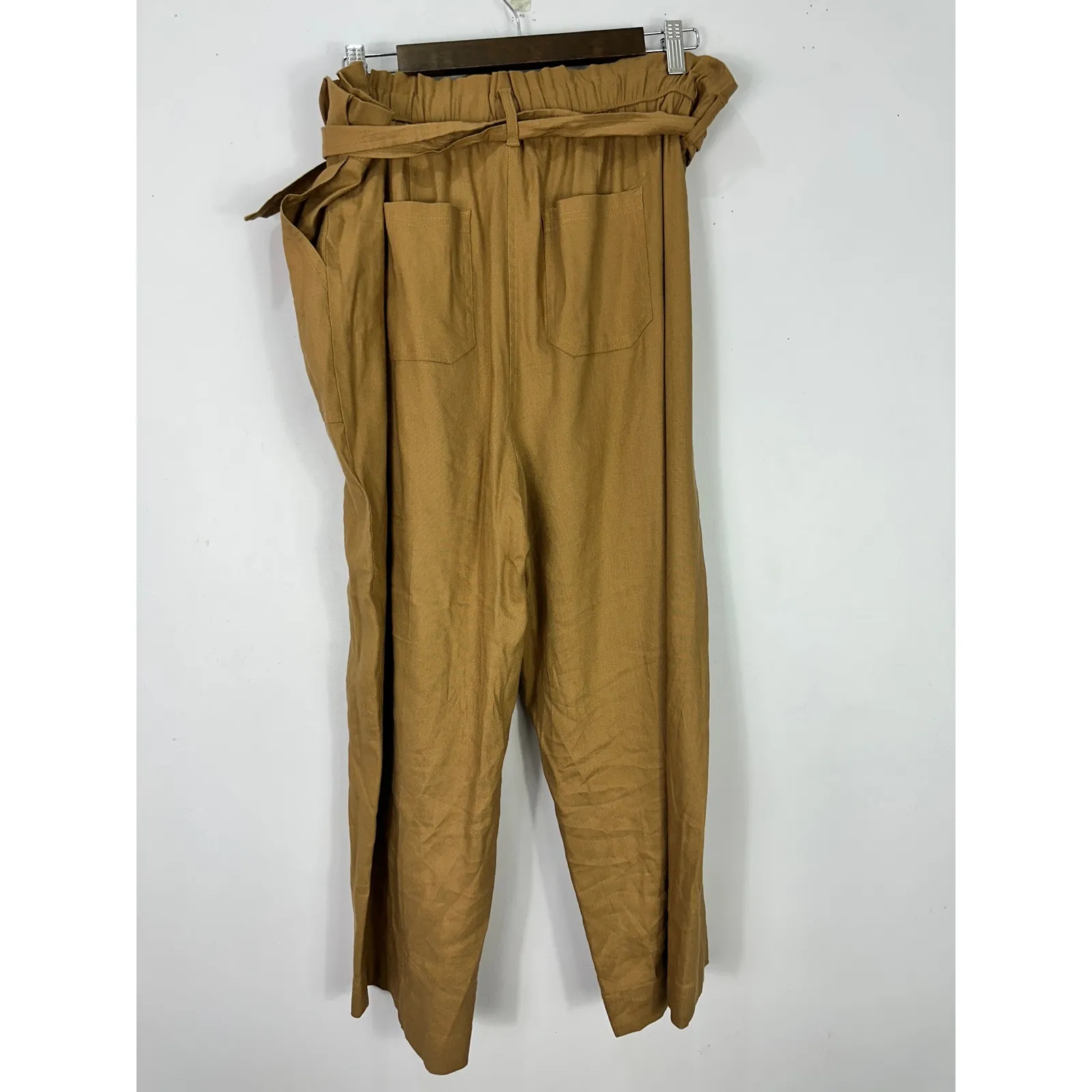 Calvin Klein XL Linen Paperbag Pants Tan Tie Waist Minimalist Quiet Luxury Chic - Image 4