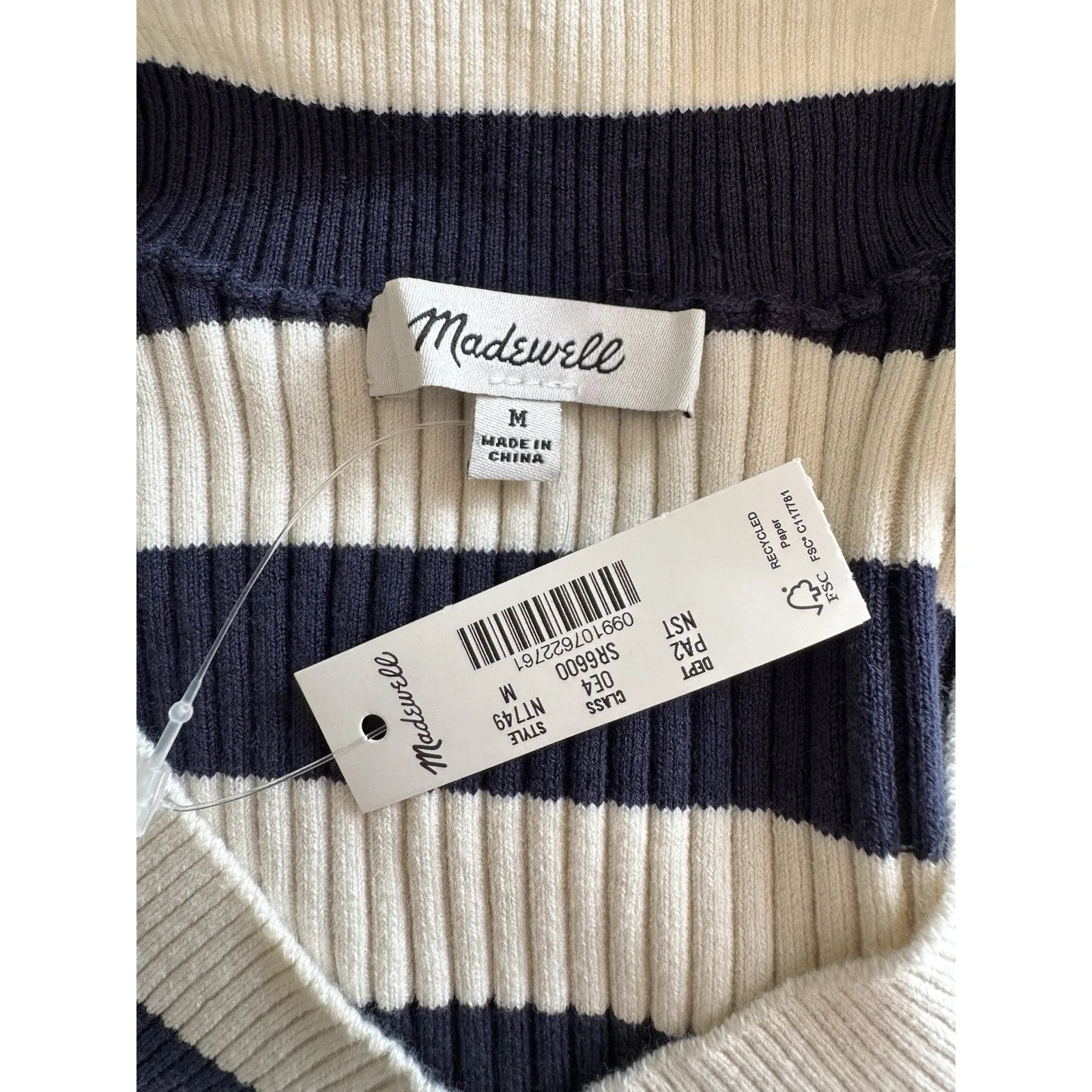 NWT Madewell V Neck Striped Sweater Size Medium Blue White Ribbed Slim Fit - Image 8