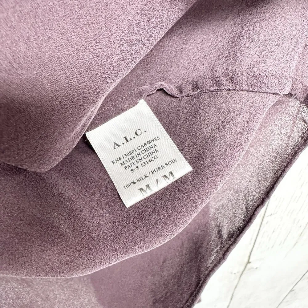 A.L.C Blouse Women Size M Long Sleeve Mock Neck 100% Silk Plum Purple Open Back - Image 3