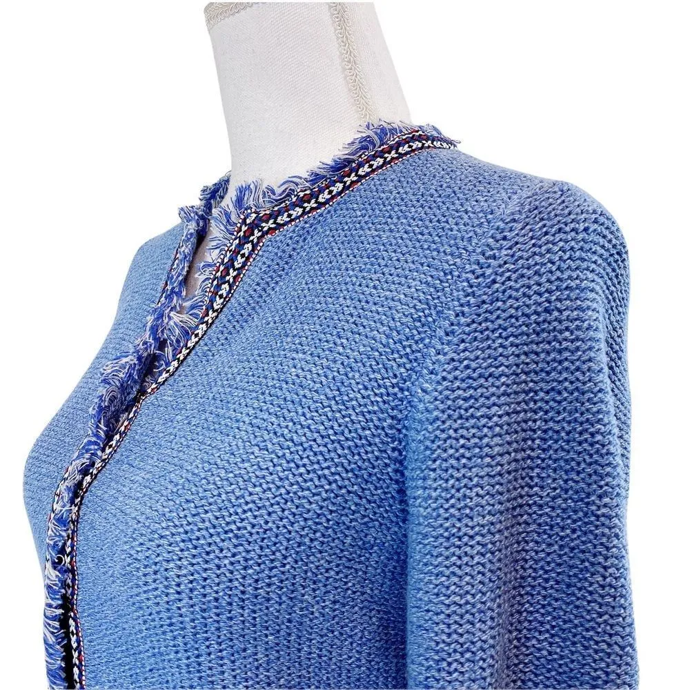 J. McLaughlin Sweater Medium Womens Blue Knit Fringe Trim Cardigan Jacket - Image 5