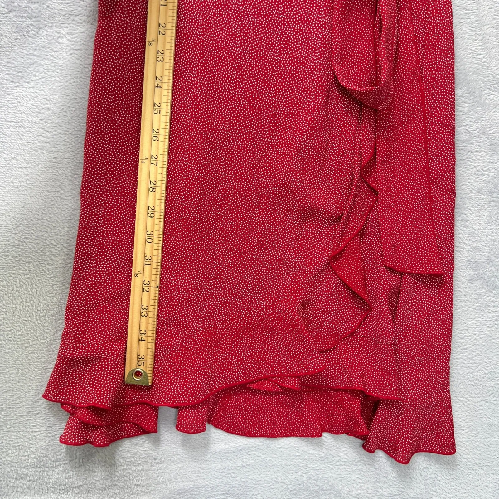 Loco Lindo Red Polka Dot Wrap Dress‎ Small Ruffle Hem Cap Sleeve Retro Chic 90s - Image 8