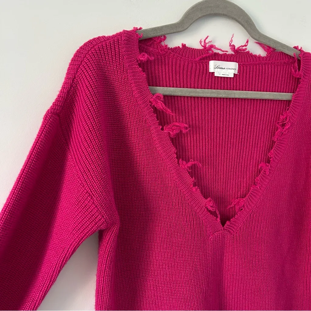 Lovers + Friends Revolve Bright Pink Wool Ribbed Knit V Neck Oversized Sweater S - Image 3