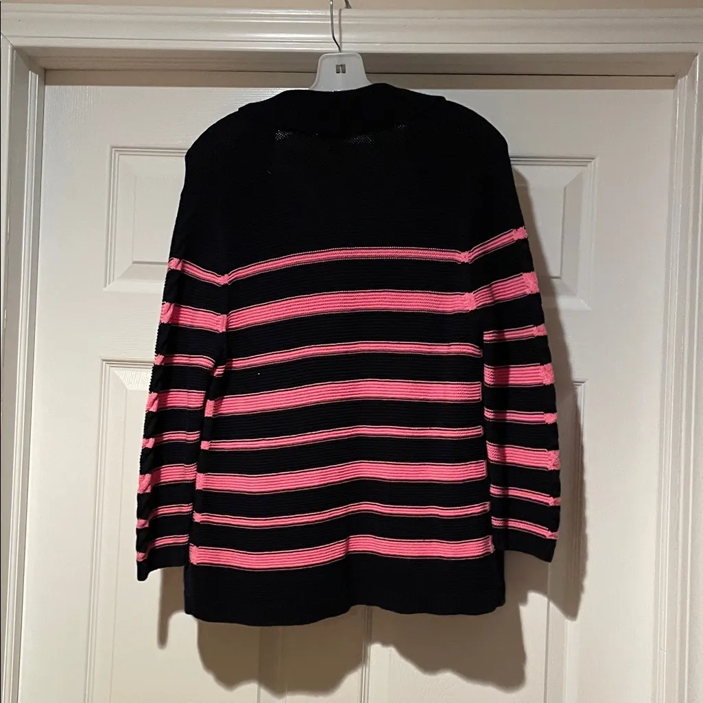 Talbots Navy Blue and Pink Striped Cardigan - Image 3