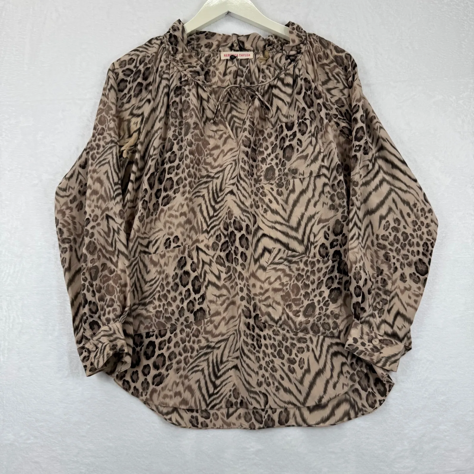 Rebecca Taylor Size 2 Silk Leopard Tiger Print Long Sleeve Tie Neck Blouse READ - Image 1