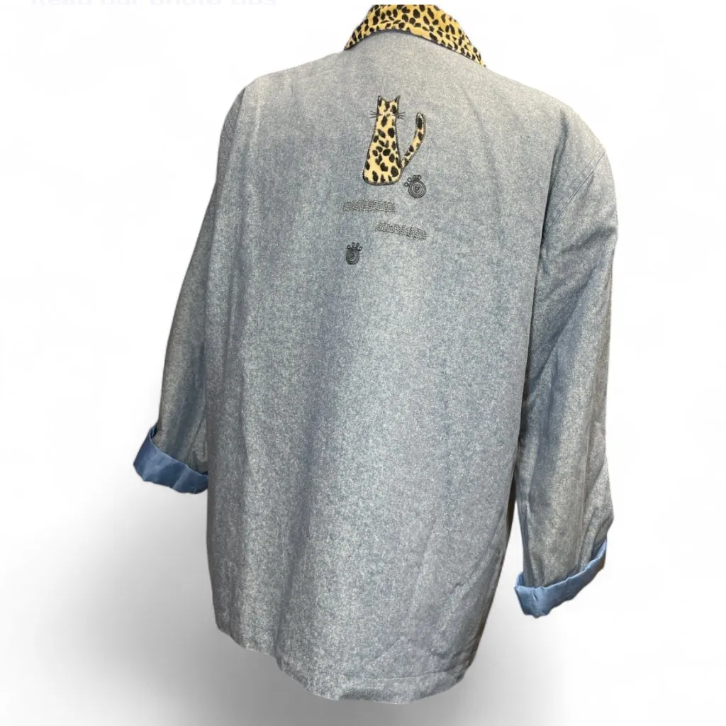 Vtg Great Cavalier by St. Paul Cat Embroidered Chore Silk Denim Jacket Size M Blue Size M - Image 5
