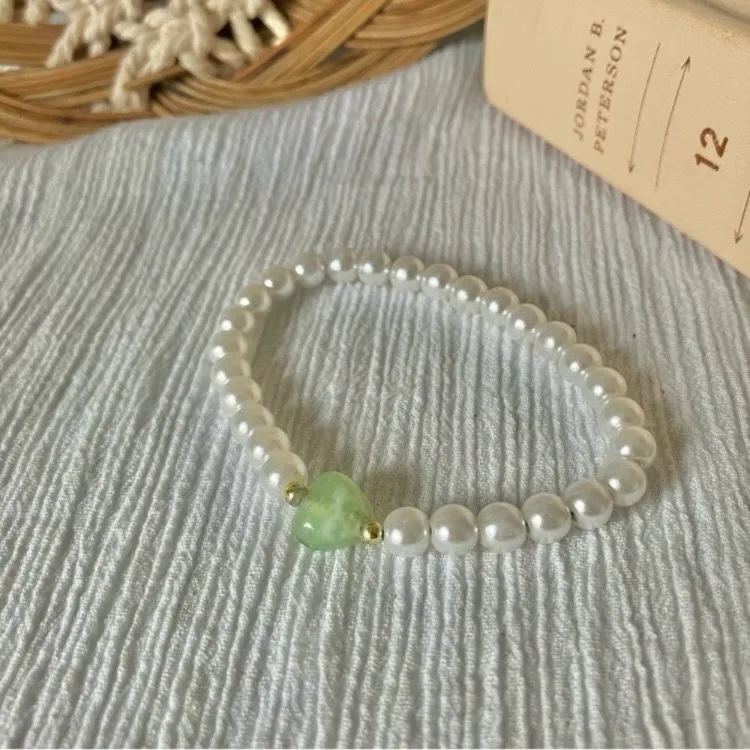 Handmade Green Pearl Bracelet “Noemi” Glass Bead Tactile Elastic Boho - Image 6