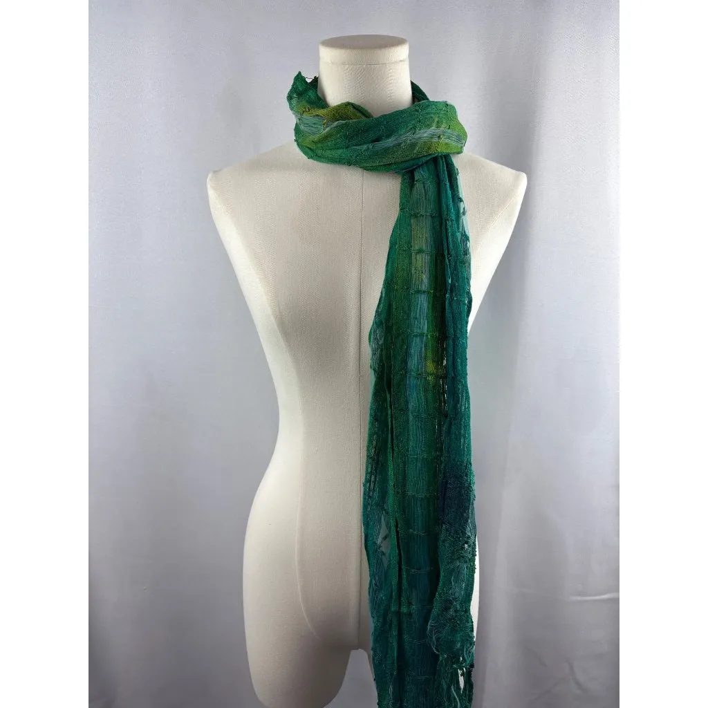 Women’s Green, Blue, & Teal Tasseled Knit & Mesh Scarf Green - Image 2