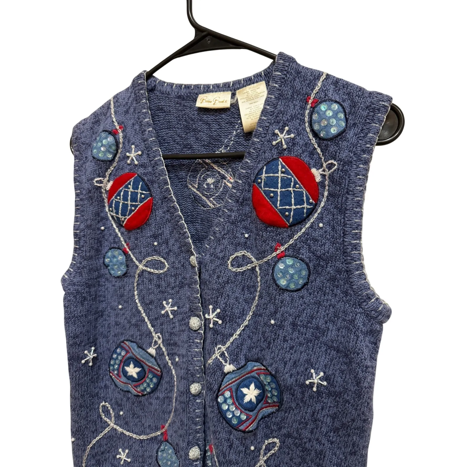 Bobbie Brooks Blue Knit Vest Christmas Ornaments Applique V - Image 2