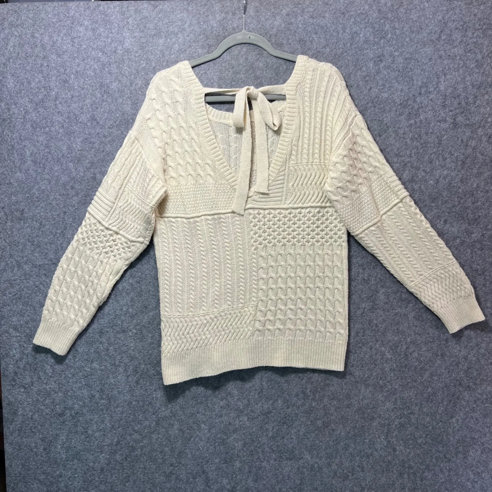 Cream Cable‎ Knit Patchwork Sweater Back Tie Bow Neck Long Sleeve M L Cozy Co Size undefined - Image 4
