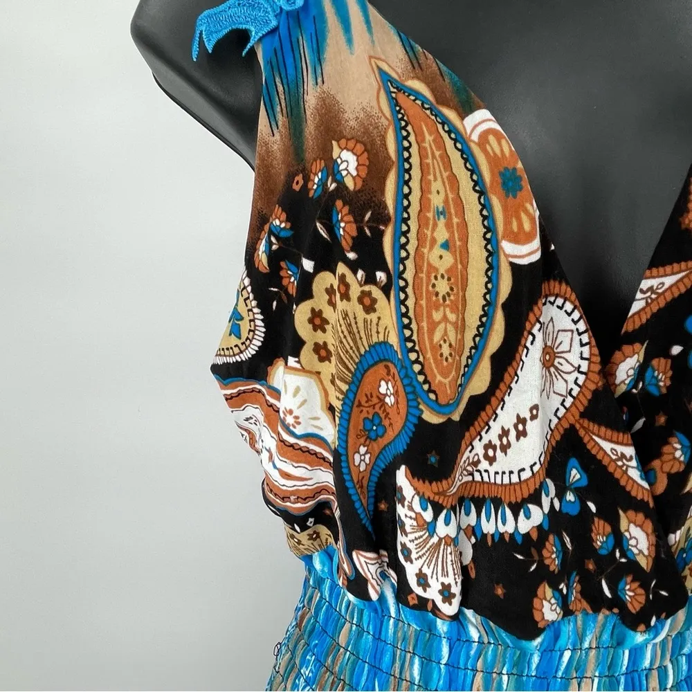 Size Large Paisley Ikat Floral Print Reversible Maxi Dress with Lace Trim - Image 4