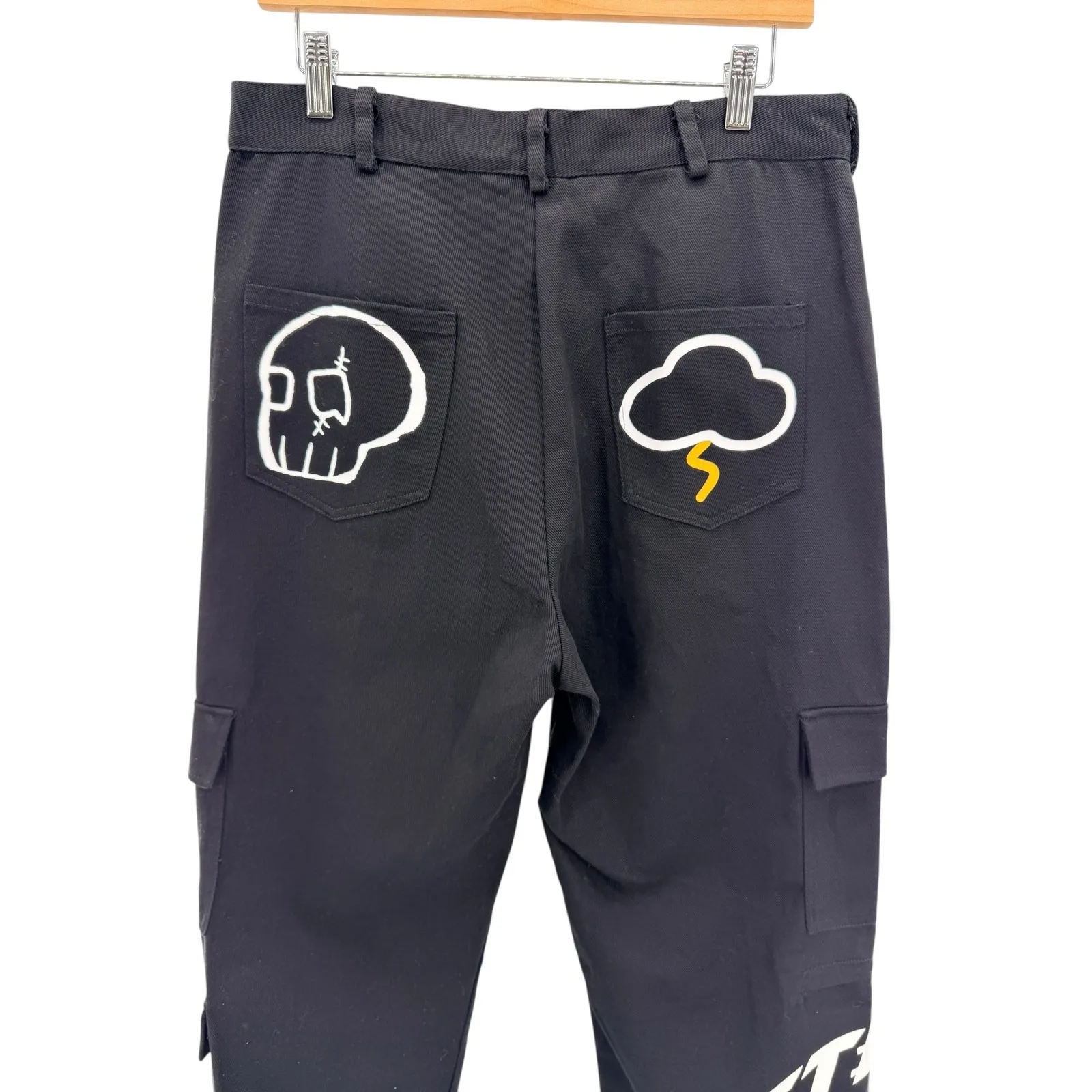 Y2K Graphic Cargo Pants Black Anime Skull Streetwear Alt Utility Rave Stitch L Size L - Image 4