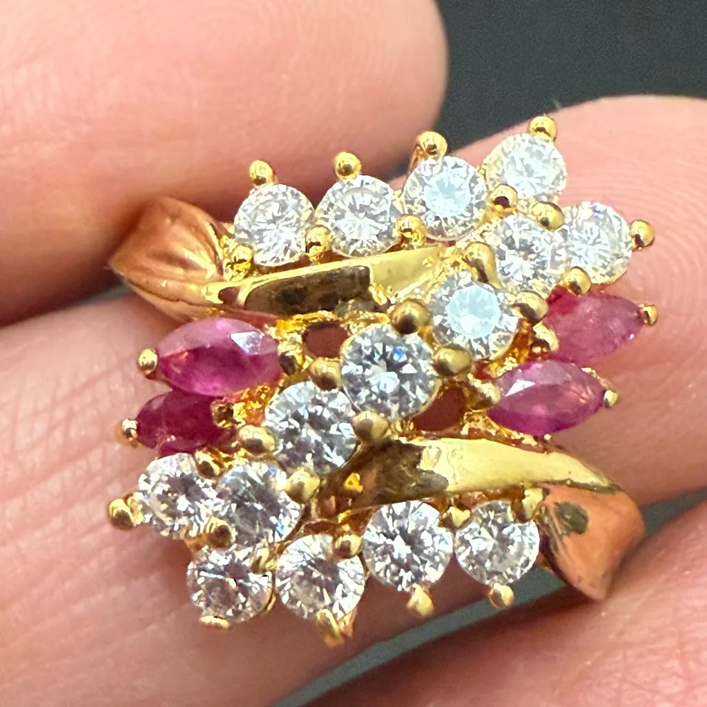 Vintage Signed 925 Gold Over Sterling Silver Ruby/Clear CZ Cocktail Ring Size 8 - Image 8