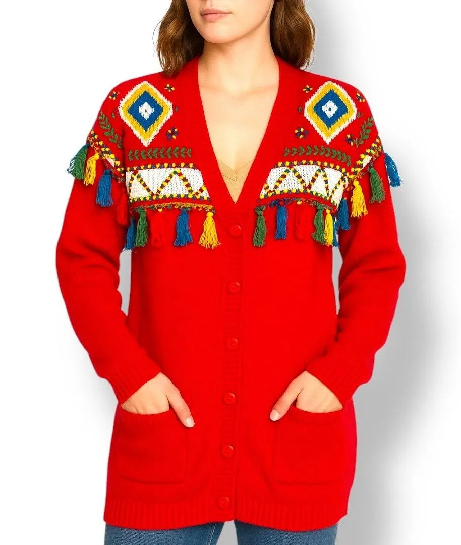 Vintage 80s Red Cardigan Sweater Beaded Southwestern Fringe Oversized Vneck XS - Image 2