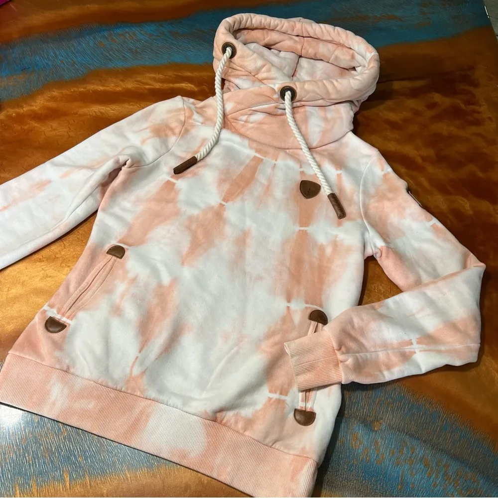 Wanakome Artemis Tie Dye Pink and White Cowl Neck hoodie Sweatshirt medium - Image 2