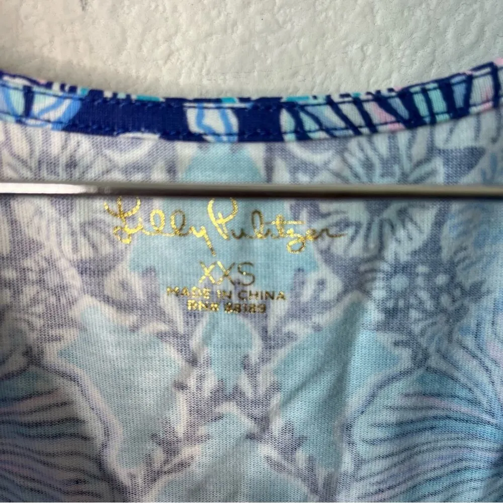 Lilly Pulitzer Blue Floral Printed Mini Dress 3/4 Sleeves Boatneck Women’s XXS - Image 6