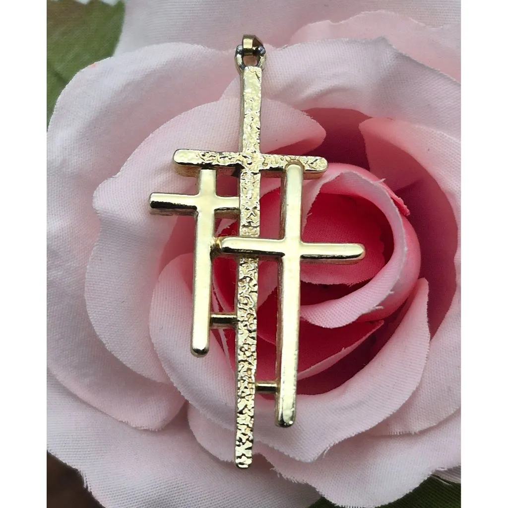 Beautiful 3 Cross 2" Pendant in Textured & Smooth Gold Tone Religious Gift - Image 2
