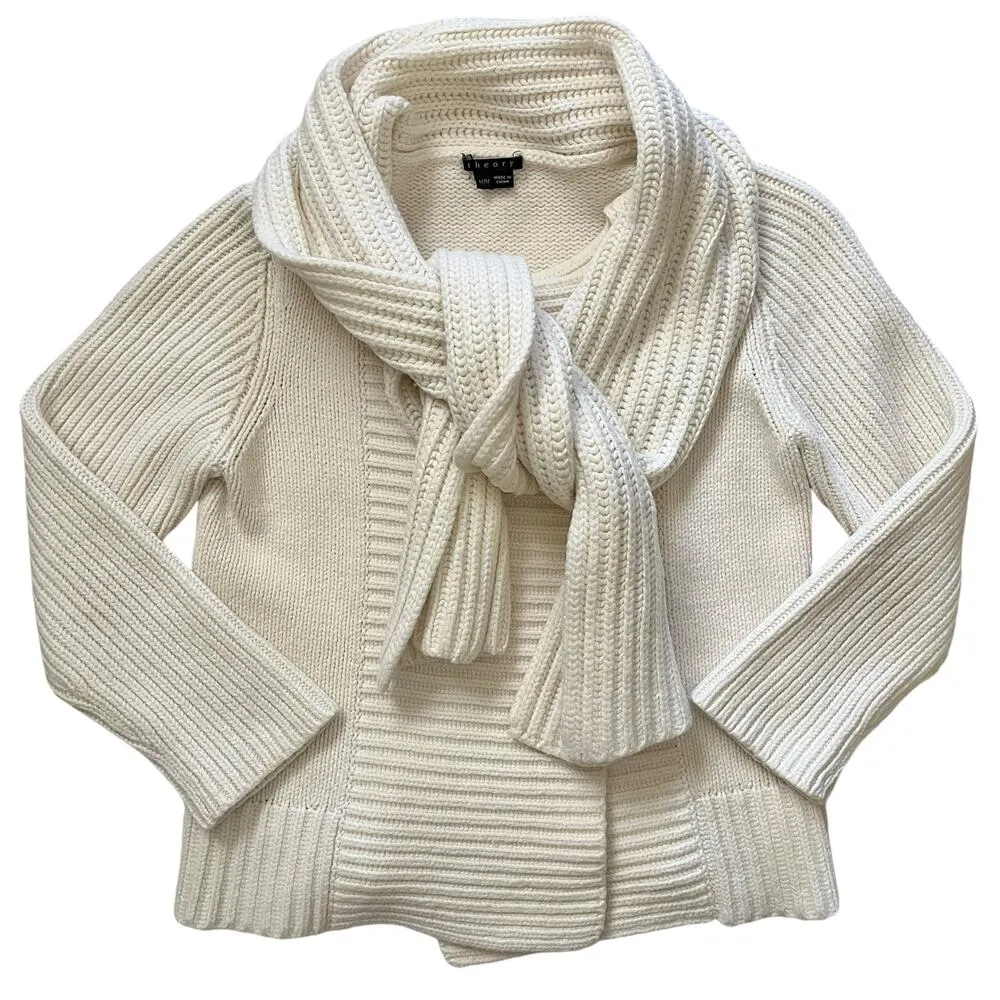 Ivory White Carolyn Cardigan Sweater with Attached Muffler Scarf - Image 2