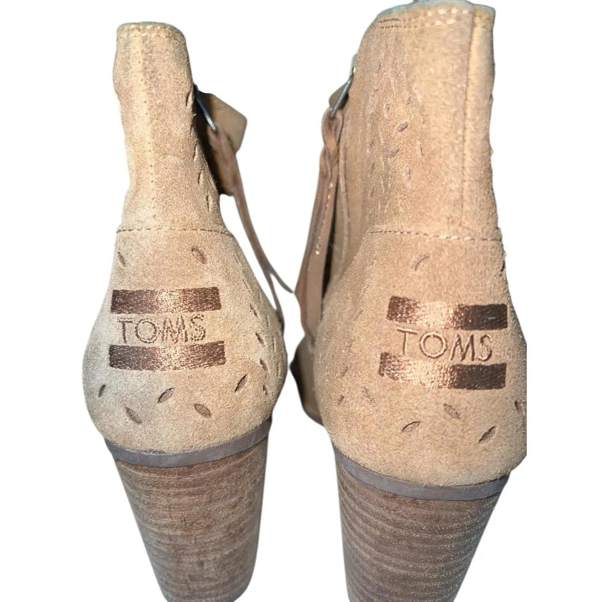 TOMS Majorca Tan Suede Peep Toe Heeled Ankle Boots Booties Womens Size 7.5 - Image 6