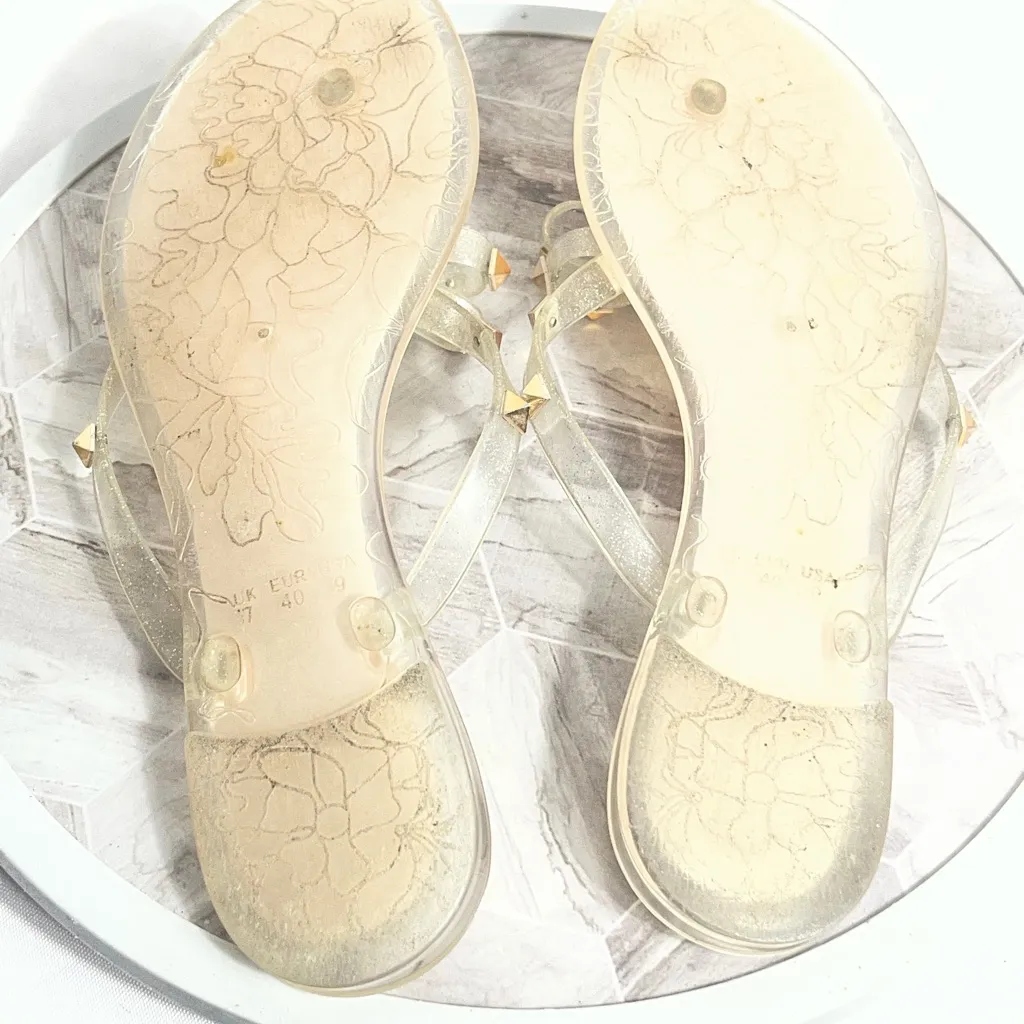 Clear Jelly Thong Sandals Gold Studs Glitter Strap Women’s Size 9 - Image 3