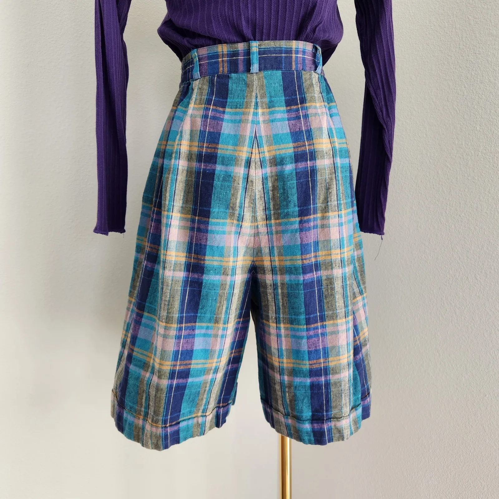 Vintage Fundamental Things Plaid Pleated High Waisted Linen Shorts Teal Purple 2 - Image 5
