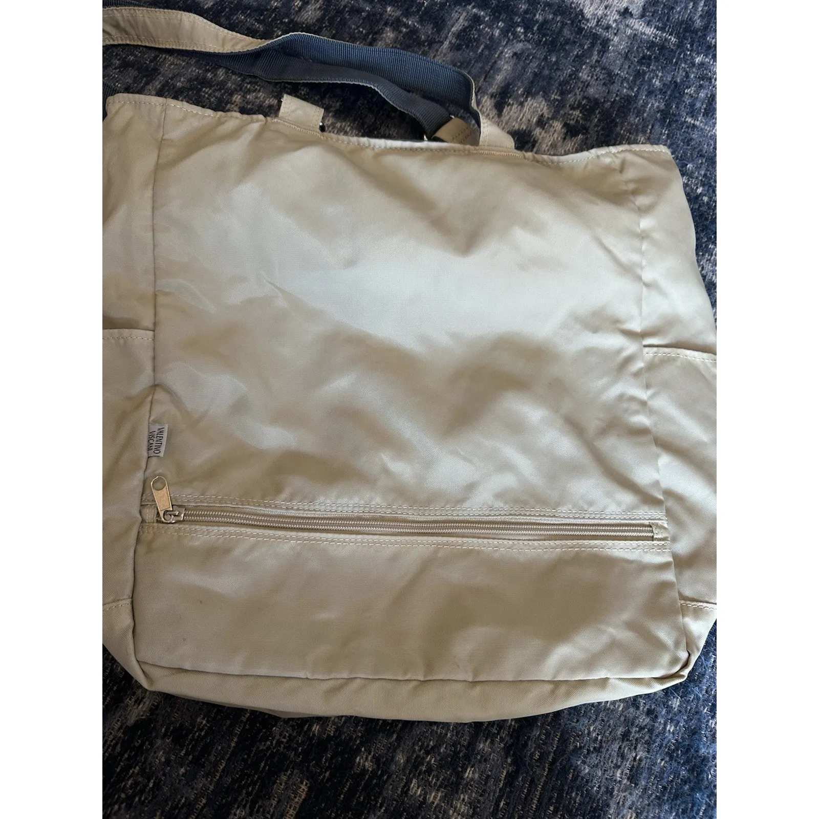 Valentino Viscani Nylon Tote Bag Travel Career Beige Zip Close Double Handle - Image 10