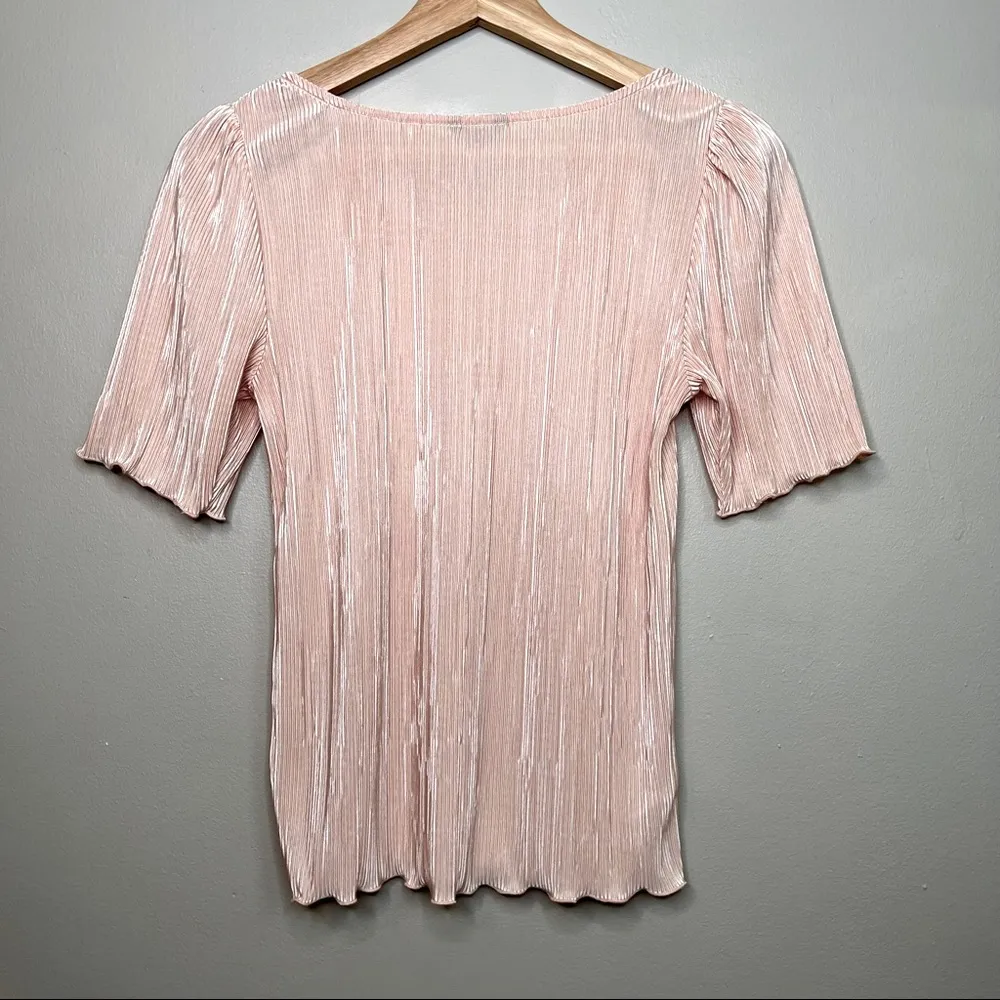 Vintage ANN TAYLOR Blush Peach Pink Crinkle Shimmering Pleated Top Blouse - Image 7