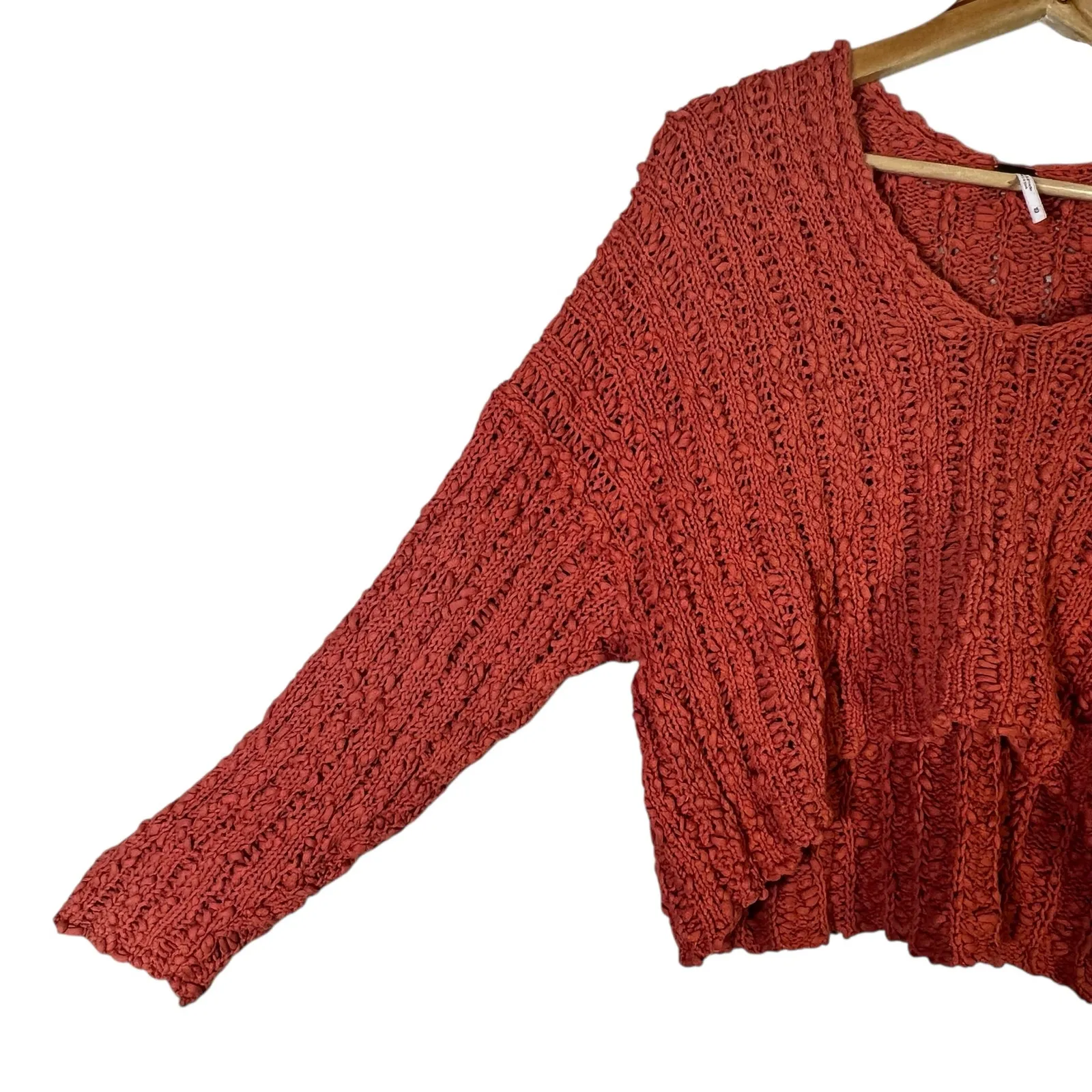 Free People 100% Cotton Open-Knit Cropped Sweater Womens M Orange Beachy - Image 4