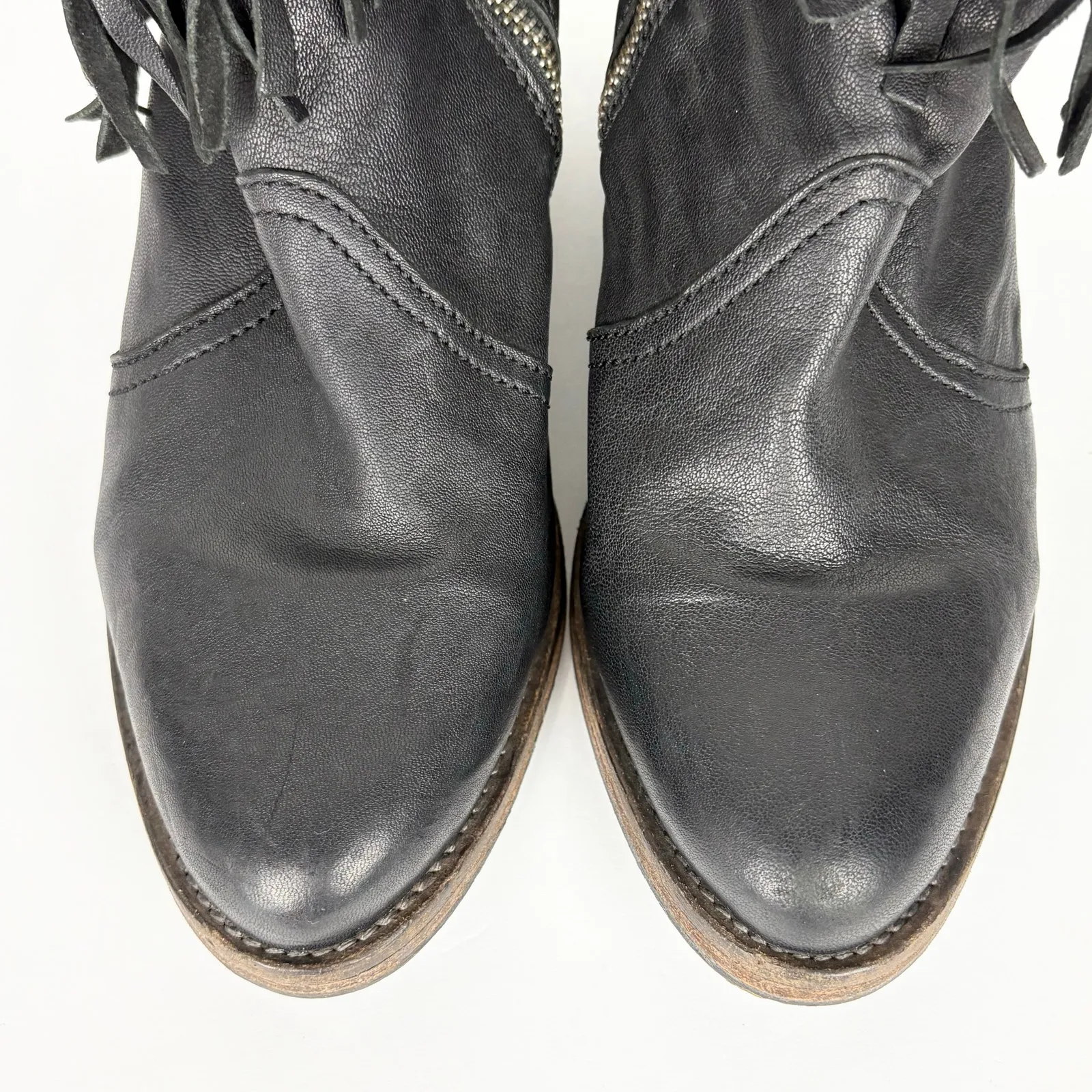 AllSaints Women Bonny Valley Black Leather Fringe Ankle Boots Cuban Heel Size 39 - Image 7