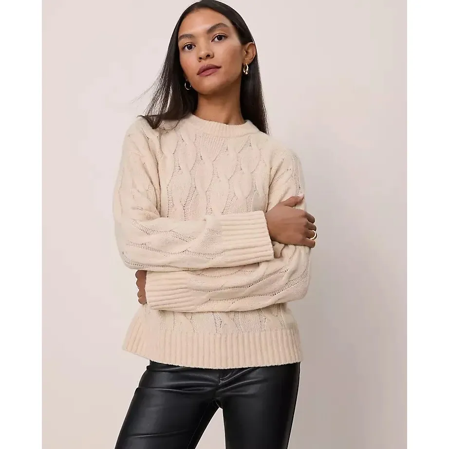 Ann Taylor NWT‎ Wool Blend Cable Knit Crew Neck Sweater in Pale Sandalwood Sz XS - Image 2