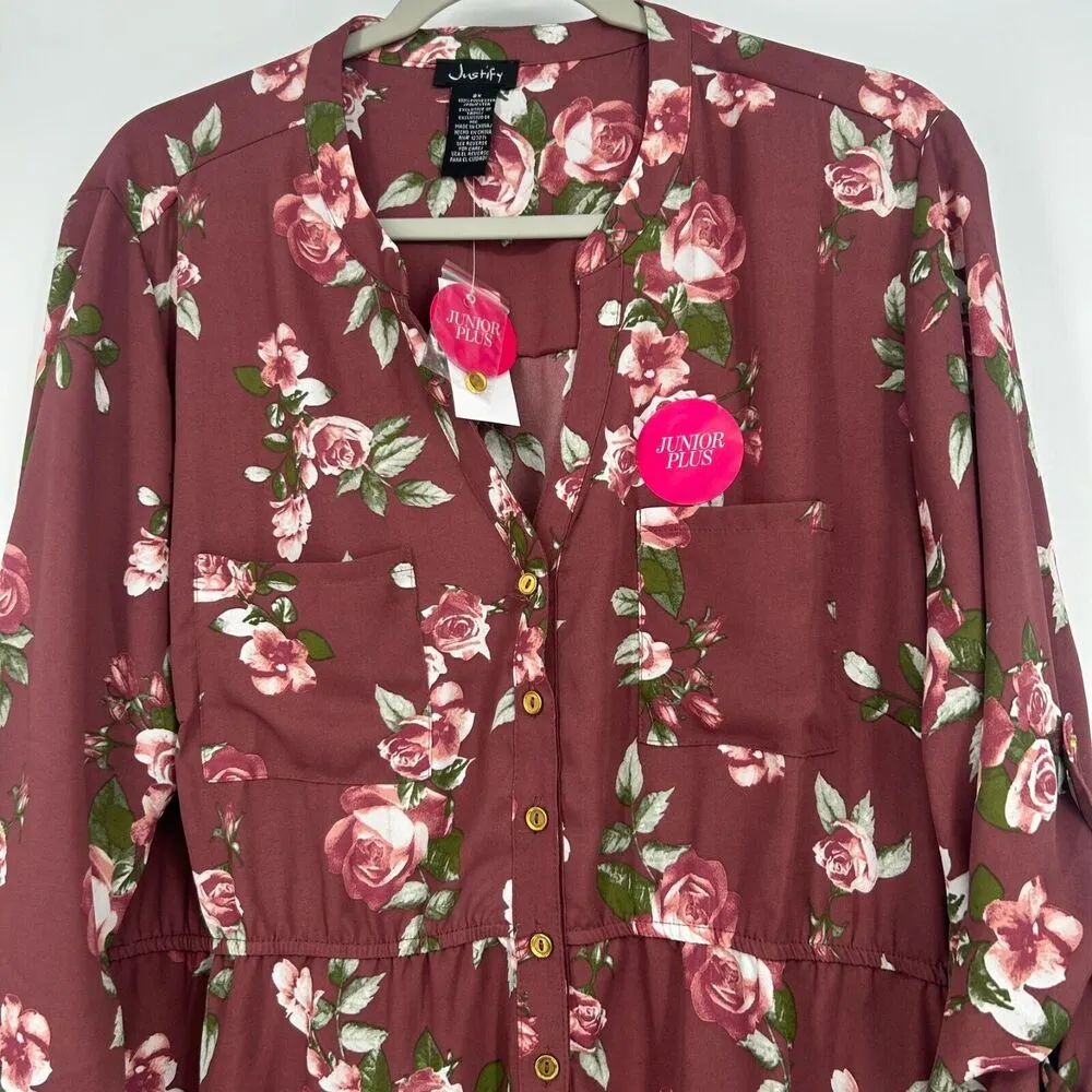 NEW Justify Boho Pink Floral Tunic Button Up Top Flowy Juniors Plus Size 2X - Image 2