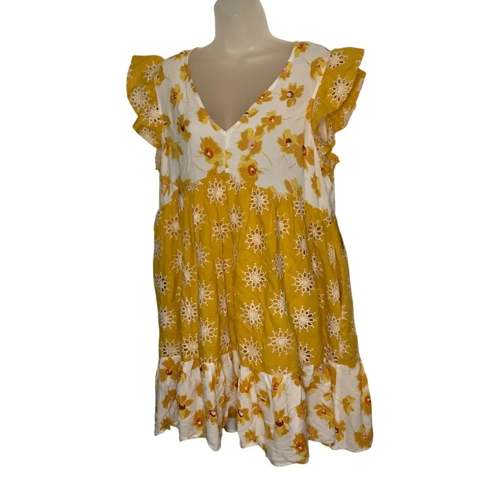 Melloday Floral Yellow & White Tiered Dress  Square Neck & Ruffled Boho flowy L - Image 12
