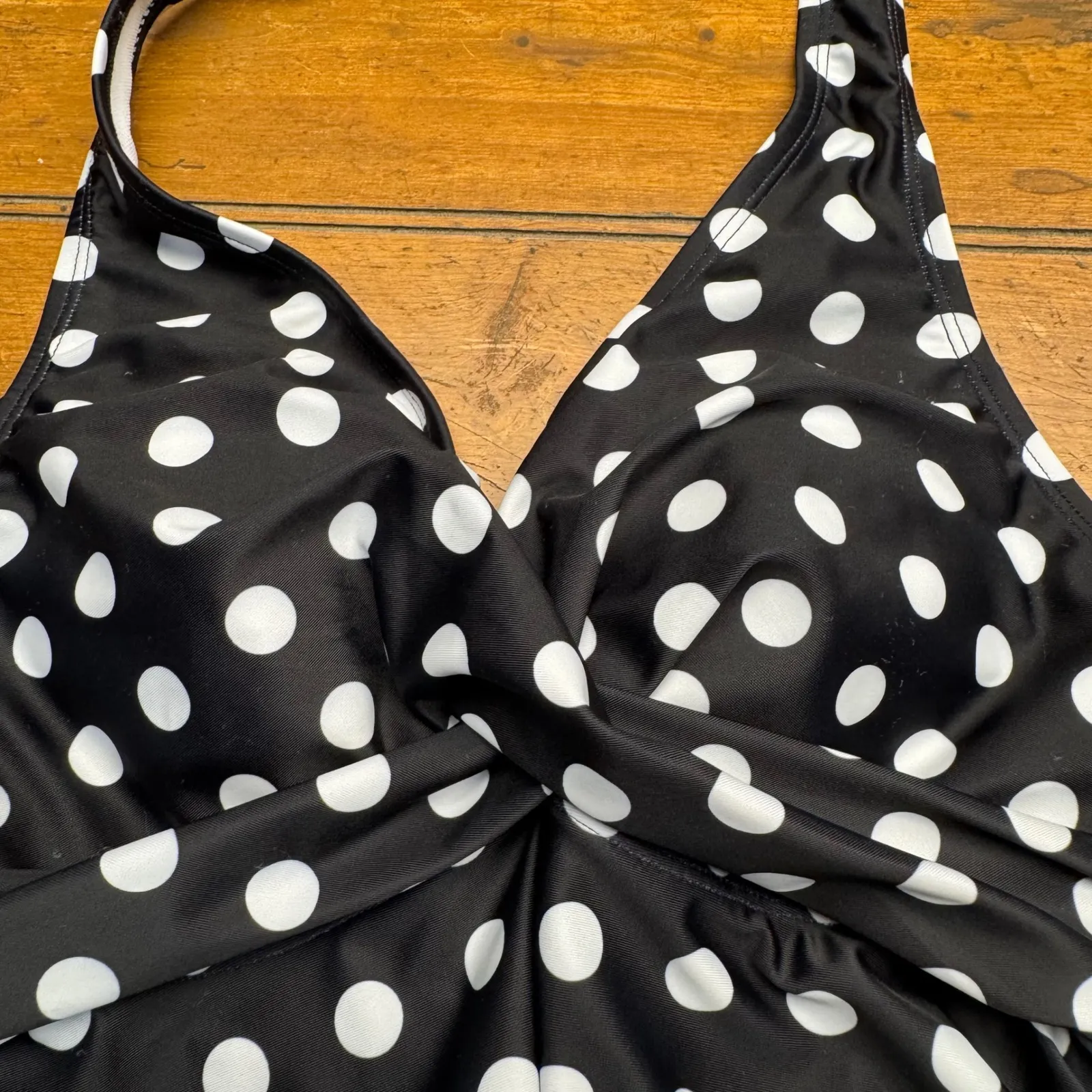 Aimage Black White Polka Dot Halter Neck Flounce Swim‎ Dress Size S - Image 3