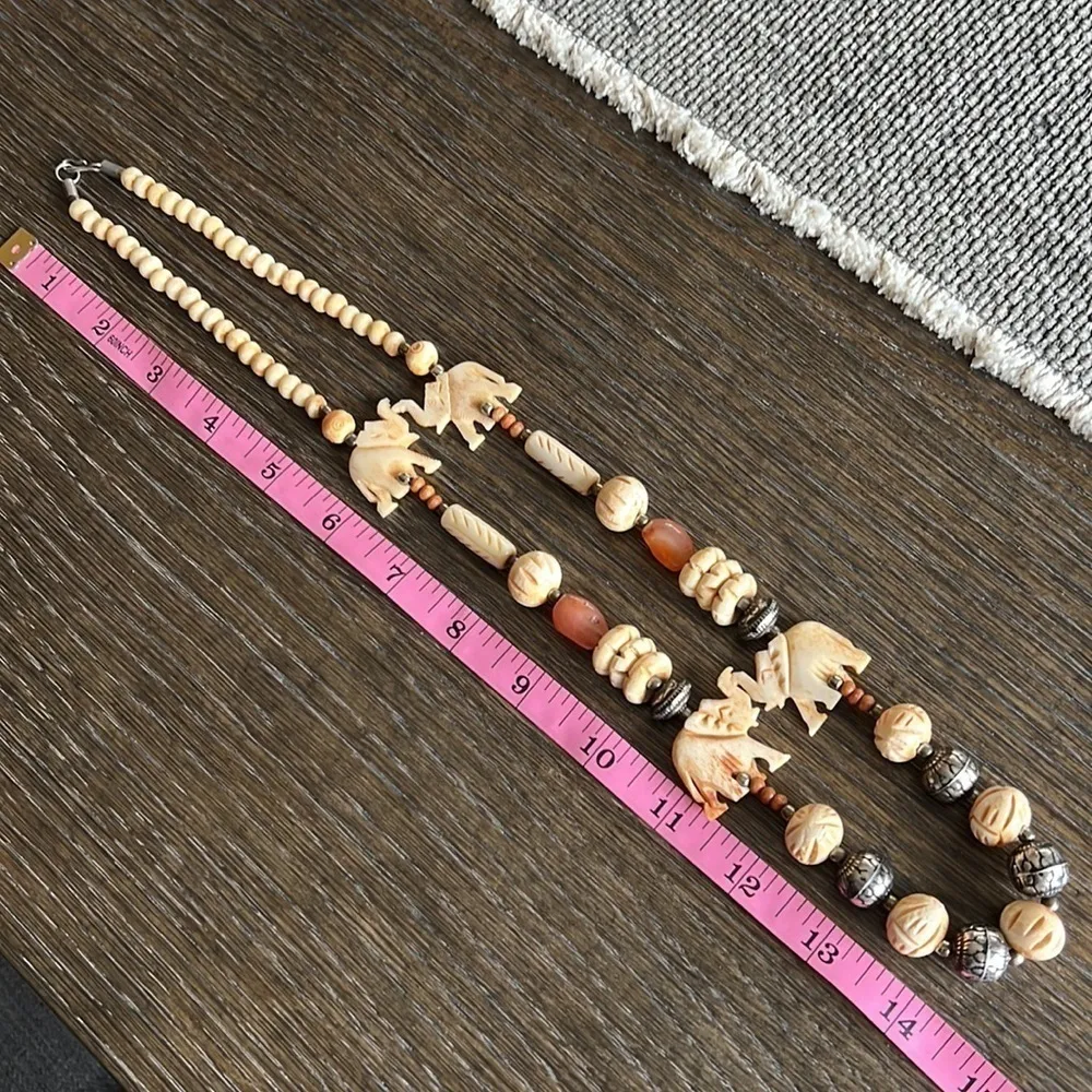 Hand Crafted authentic carved bone beads necklace with agathe & elephant Tan - Image 8