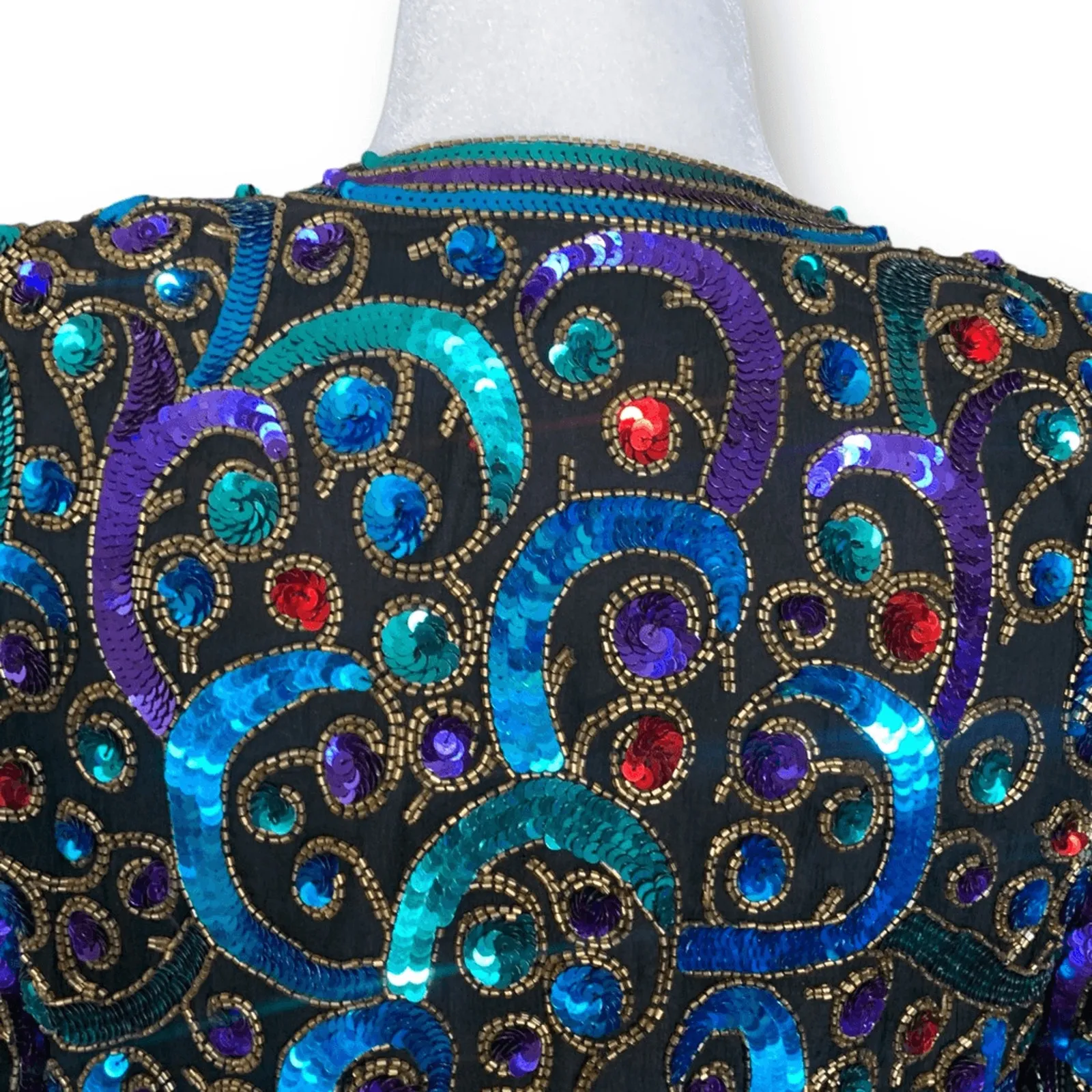 Vintage Scala Silk Sequin Beaded Collarless Jacket Jewel Tone Crop Glam Petite - Image 5