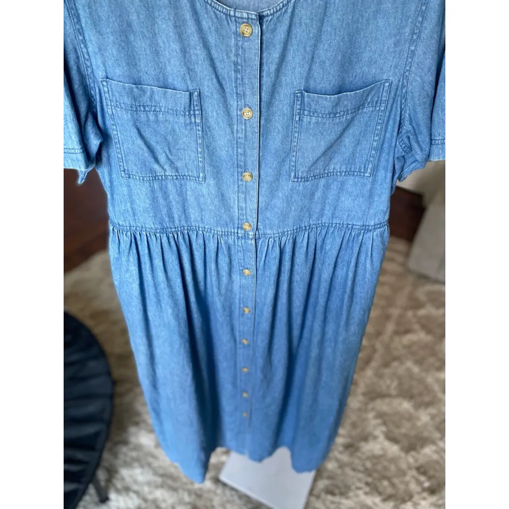 Vintage Boundary Waters Denim Dress Midi Button Front Pockets L Cottagecore 90s Blue Size L - Image 8