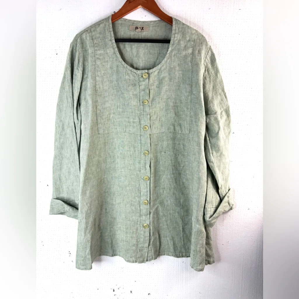 Flax L Linen Button Front Tunic Top Blouse in Sage - Image 11