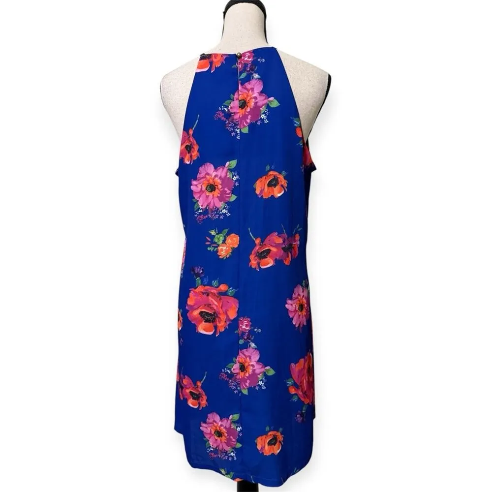 Royal blue size large Floral Halter Dress in Blue and Pink not lined no pockets - Image 3