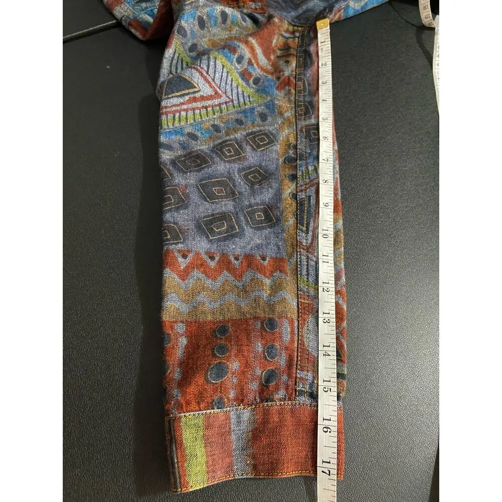 Chicos 1 Denim Jean Jacket Womens M Collar Long Slv Cotton Western Aztec Tribal - Image 10