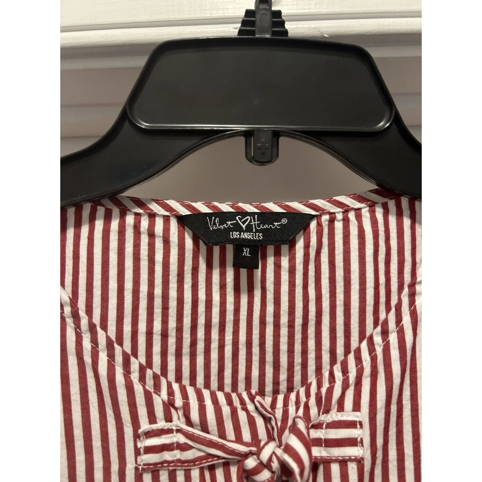 Red Pinstriped Ruffle Popover Top Bow Front Game Day Preppy Cottagecore Size XL - Image 2