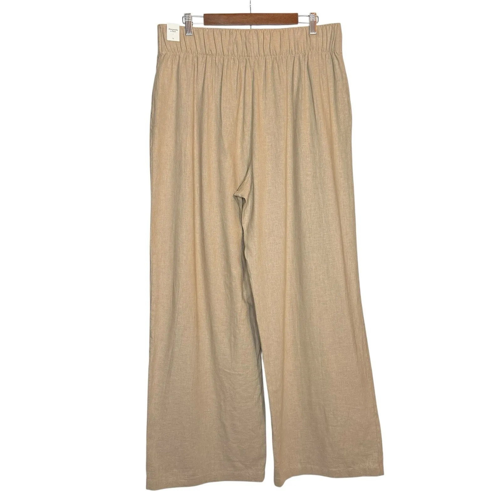 NWT Abercrombie & Fitch Linen Pleated Pull‎ On Wide Leg Trouser Pants L Long Tan - Image 4
