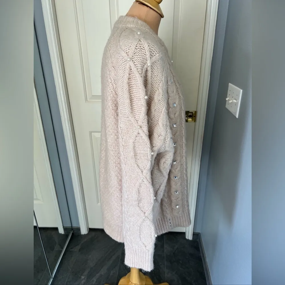 Dex Beige Cable Knit Pearl Jewel Embellished Pullover Sweater Size Medium‎ Tan Size L - Image 4