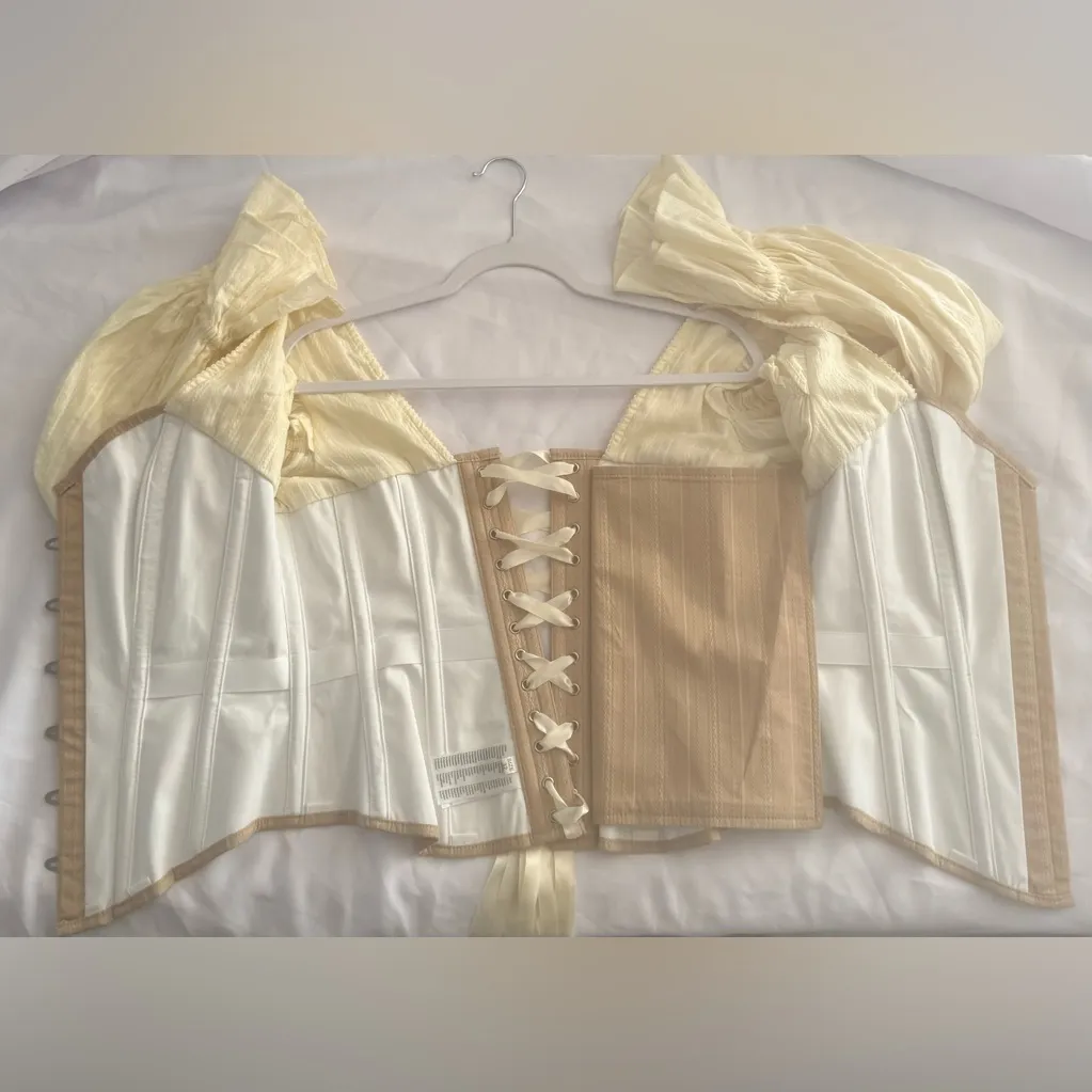 Tan & Cream Boned Corset Top Women’s Size 32 Lace Up Off Shoulder Puff Sleeves - Image 10